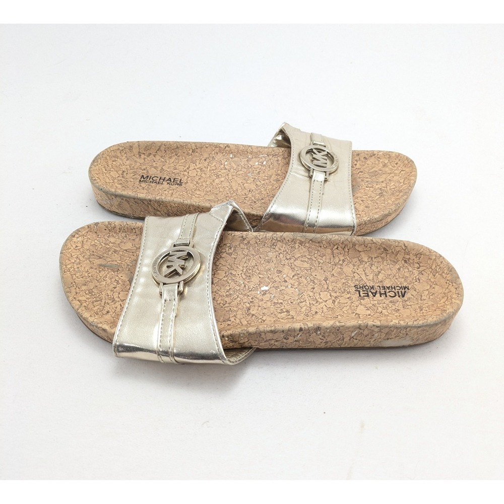 Womens Michael Kors Mona 7 Gold Logo Slides Slip On Casual Beach Sandals Size 5